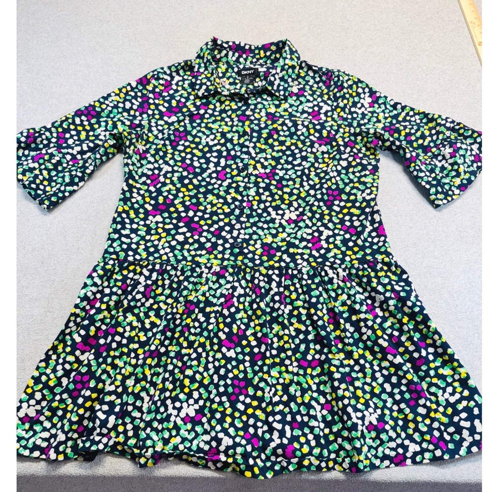 DKNY Button Down Dress Girls 14 Multi Color Abstract Confetti Drop‎ Waist Mod